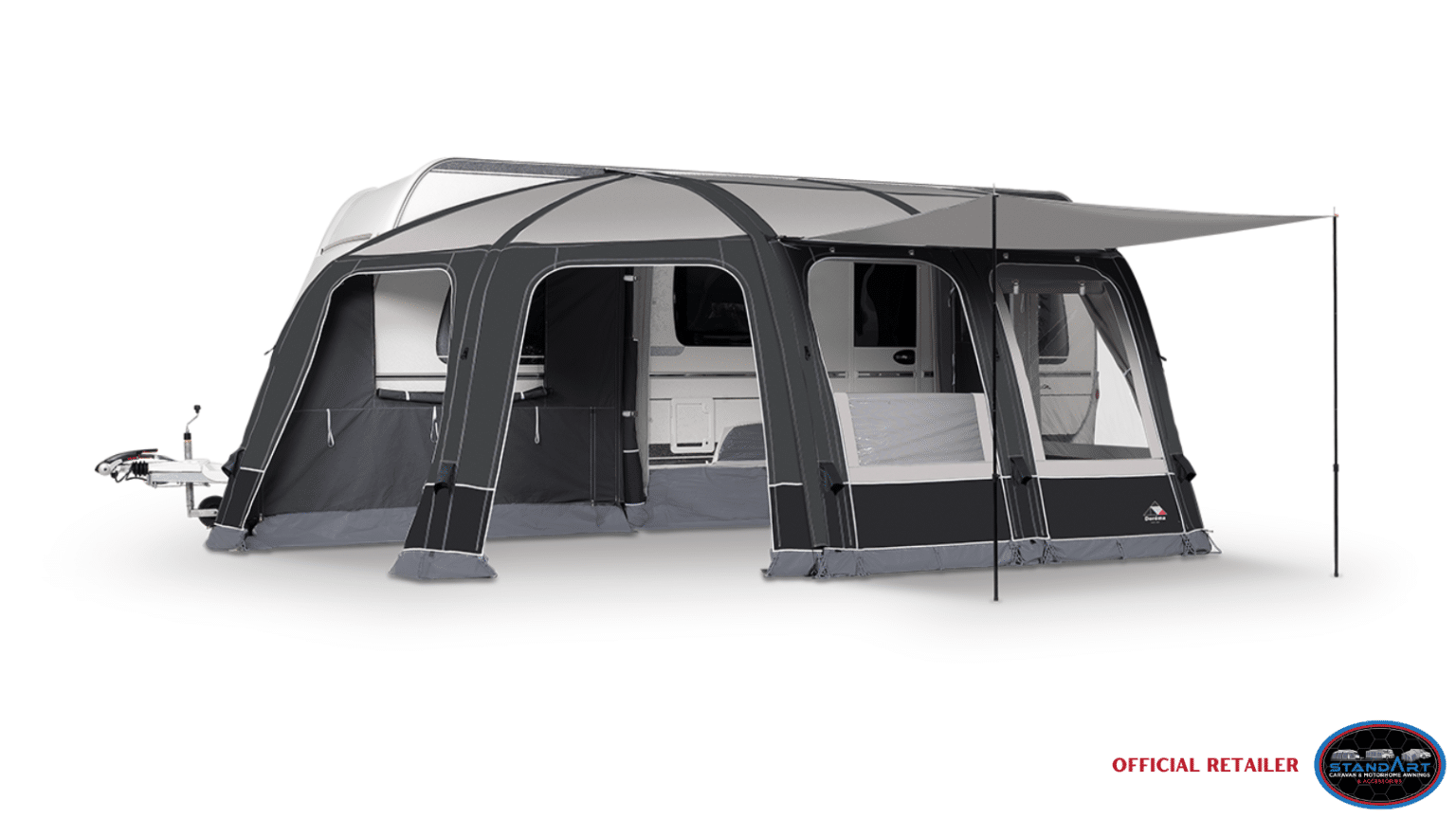 A black and white tent with a window on the side.