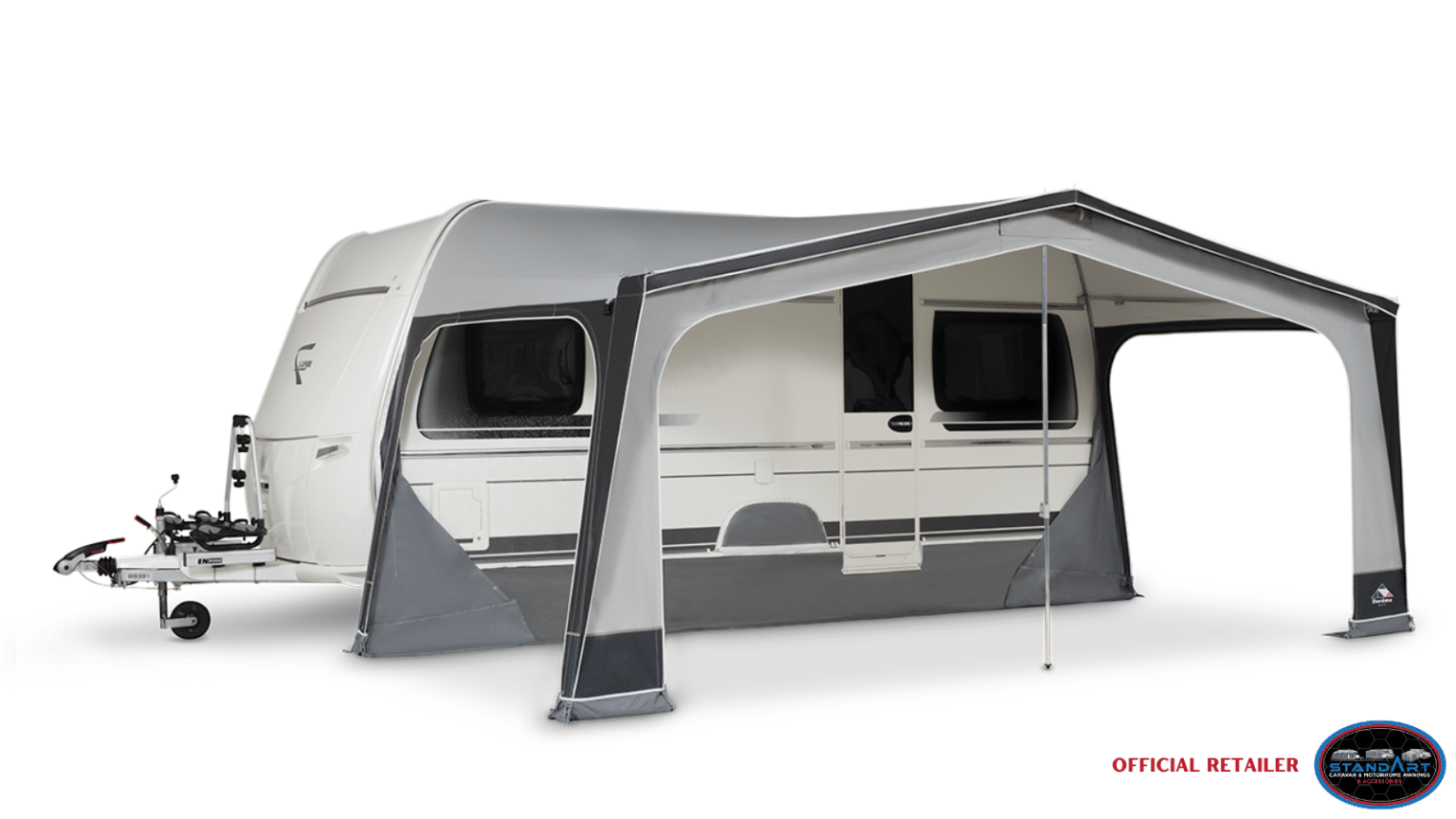 A white and gray awning is shown.