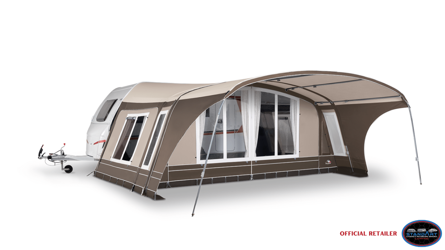 A large tent with a white wall and brown awning.