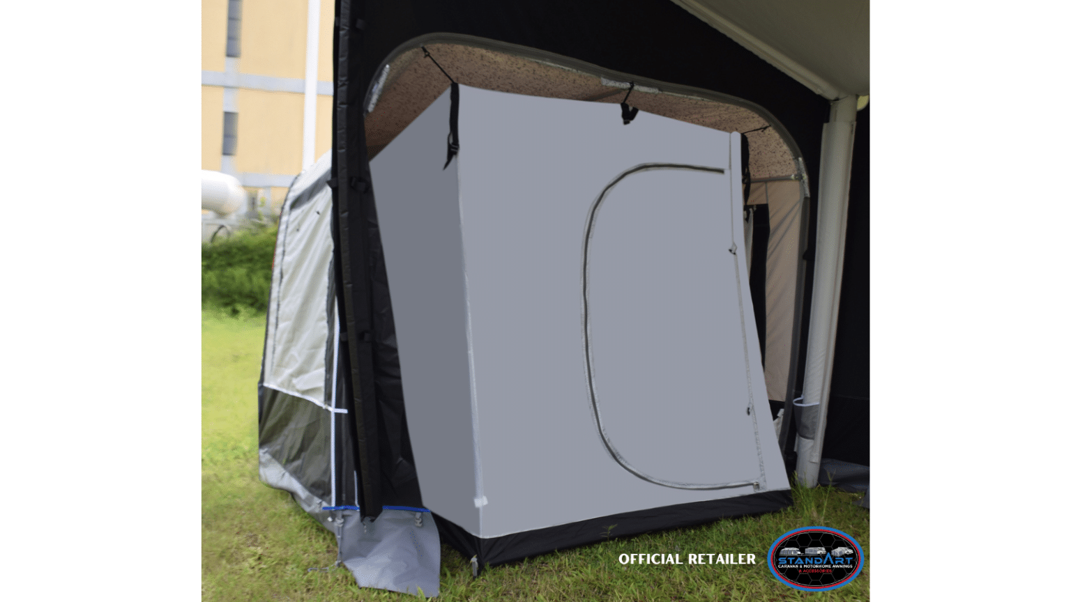 A tent with an open door and a tarp.
