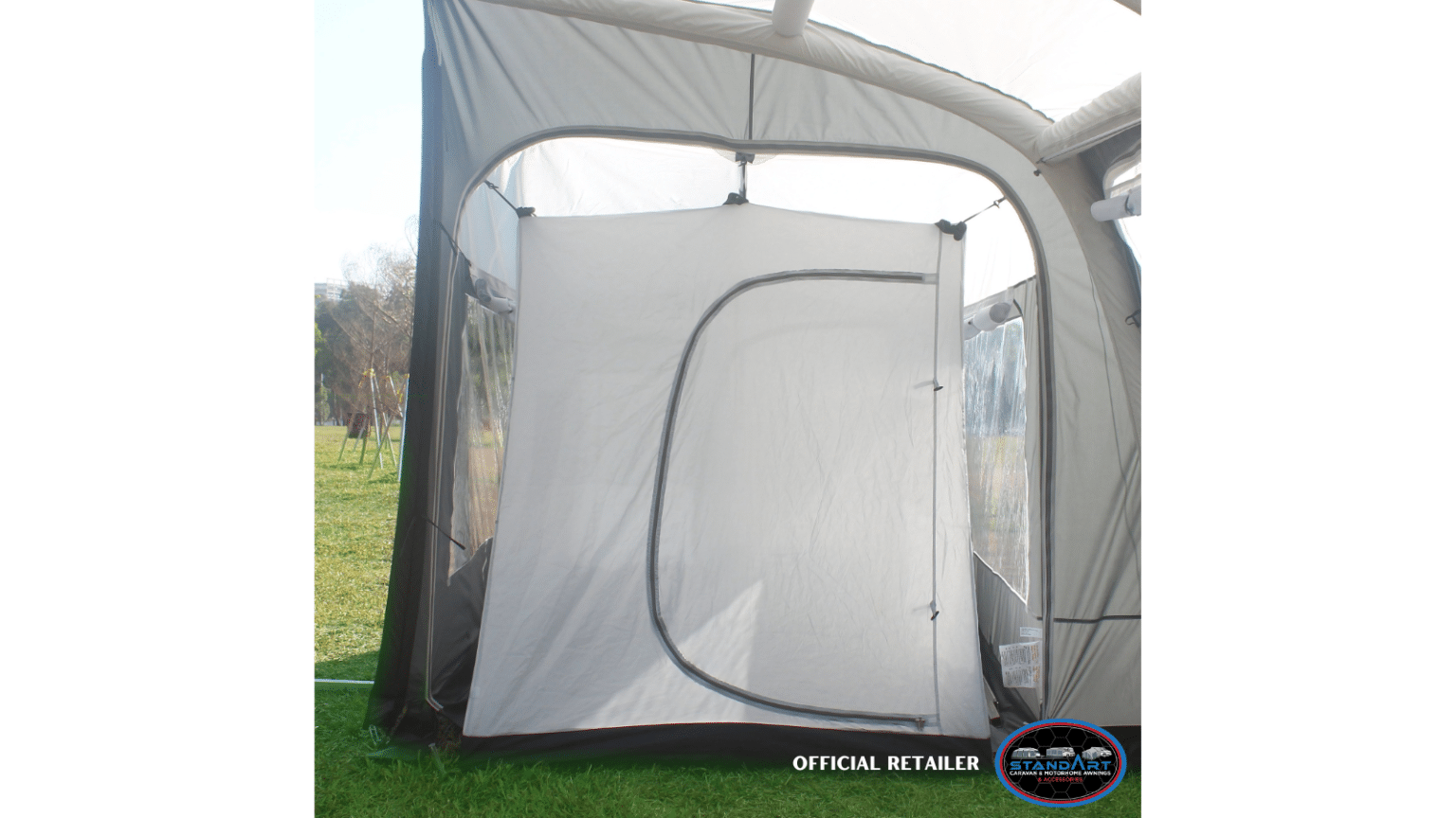 A tent with a door open and a window closed.