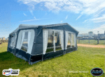 Front view of Camptech Kensington AiR awning showing large panoramic windows