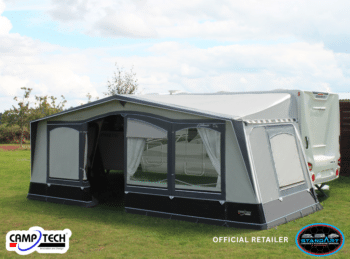 Camptech Atlantis DL Full Seasonal Awning with external privacy blinds halfway folded