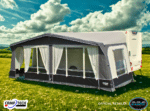 Front view of Camptech Kensington AiR awning showing large panoramic windows