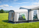 Front view of Camptech Kensington AiR awning showing large panoramic windows