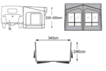 Duchess 340 caravan porch awning showing steel Griplock frame and spacious 340×240 cm layout