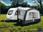Quest Harrier 400 Air Canopy fitted to caravan – 4m inflatable canopy with side panels