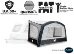 Quest Harrier 400 Air Canopy fitted to caravan – 4m inflatable canopy with side panels