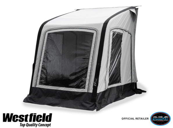 Westfield Vega 2.0 200 inflatable porch awning attached to caravan, showing 200cm compact width and single‑point inflation system