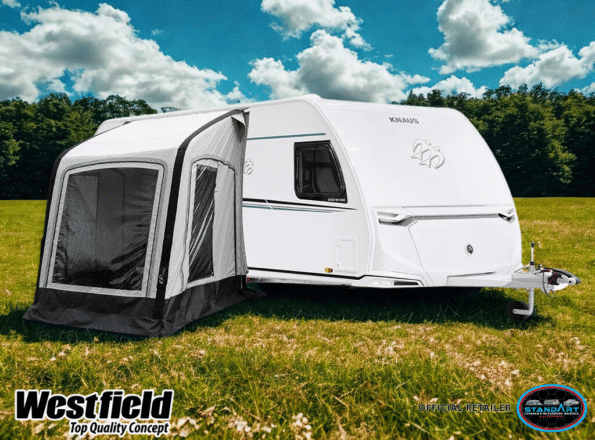 Vega 2.0 200 air porch awning pitched with HydroTech Cotton Touch fabric and panoramic windows for caravans 235–260cm