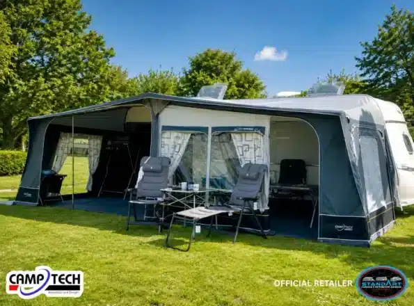 Camptech Savanna DL full poled - seasonal caravan awning pitched on a grass pitch - Best Full Caravan Awnings UK 2026