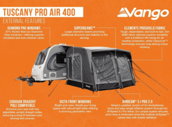 Key Features brochure of Vango Tuscany Air 400 pro awning 2026