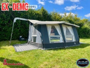 Isabella Cirrus Air North 300 awning pitched with curtains